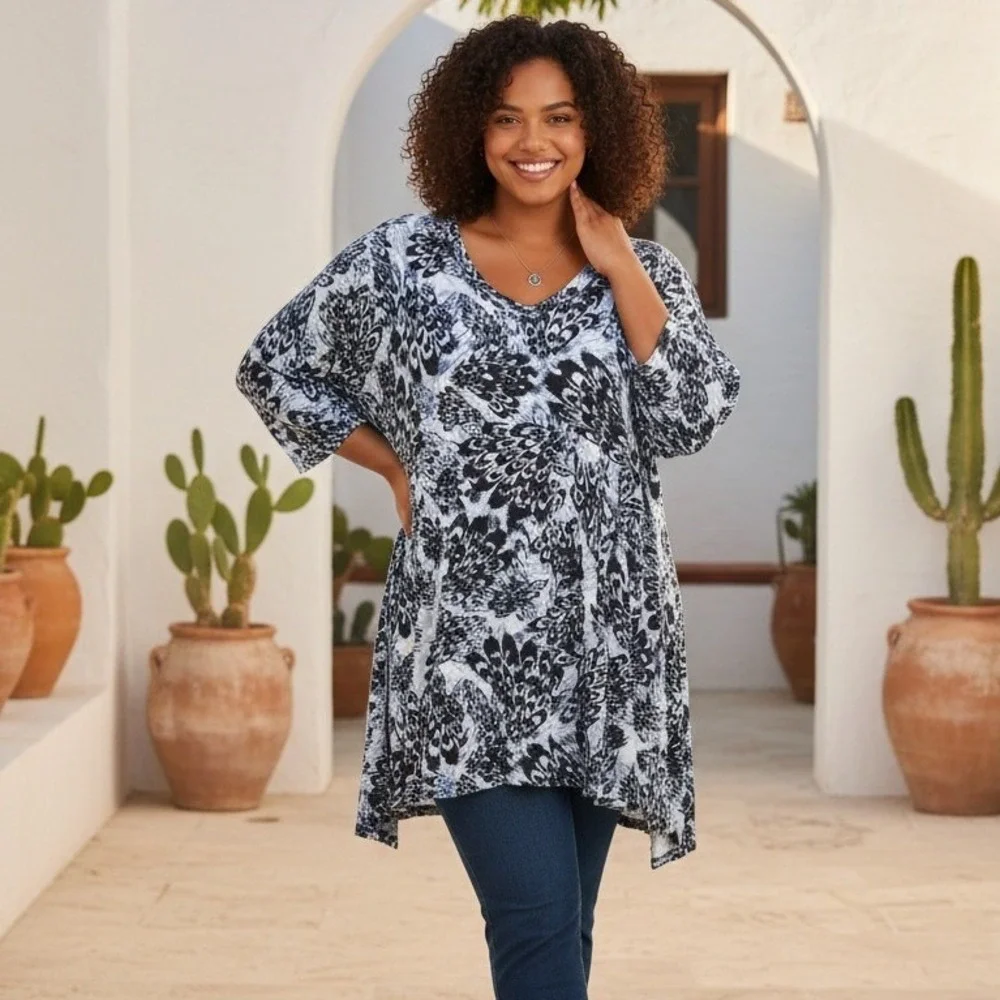 Avenue 3X Tunic‎ or Short Dress Cape Cod Feather V-Neck LS Plus Size 3X NWT
